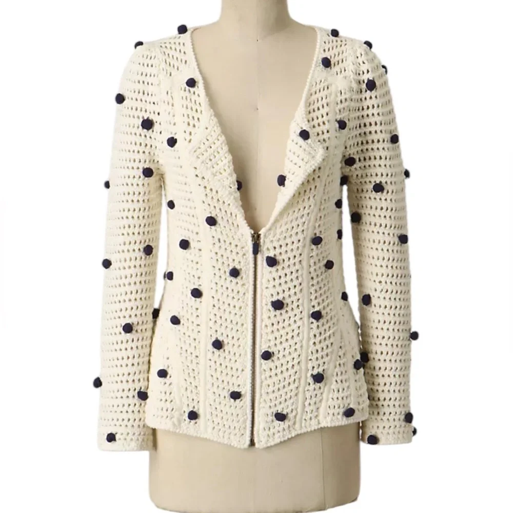 ANTHROPOLOGIE MOTH POMPOM Cream Black Polka Dot Zippered Jacket Sweater Cardigan - Picture 2 of 8